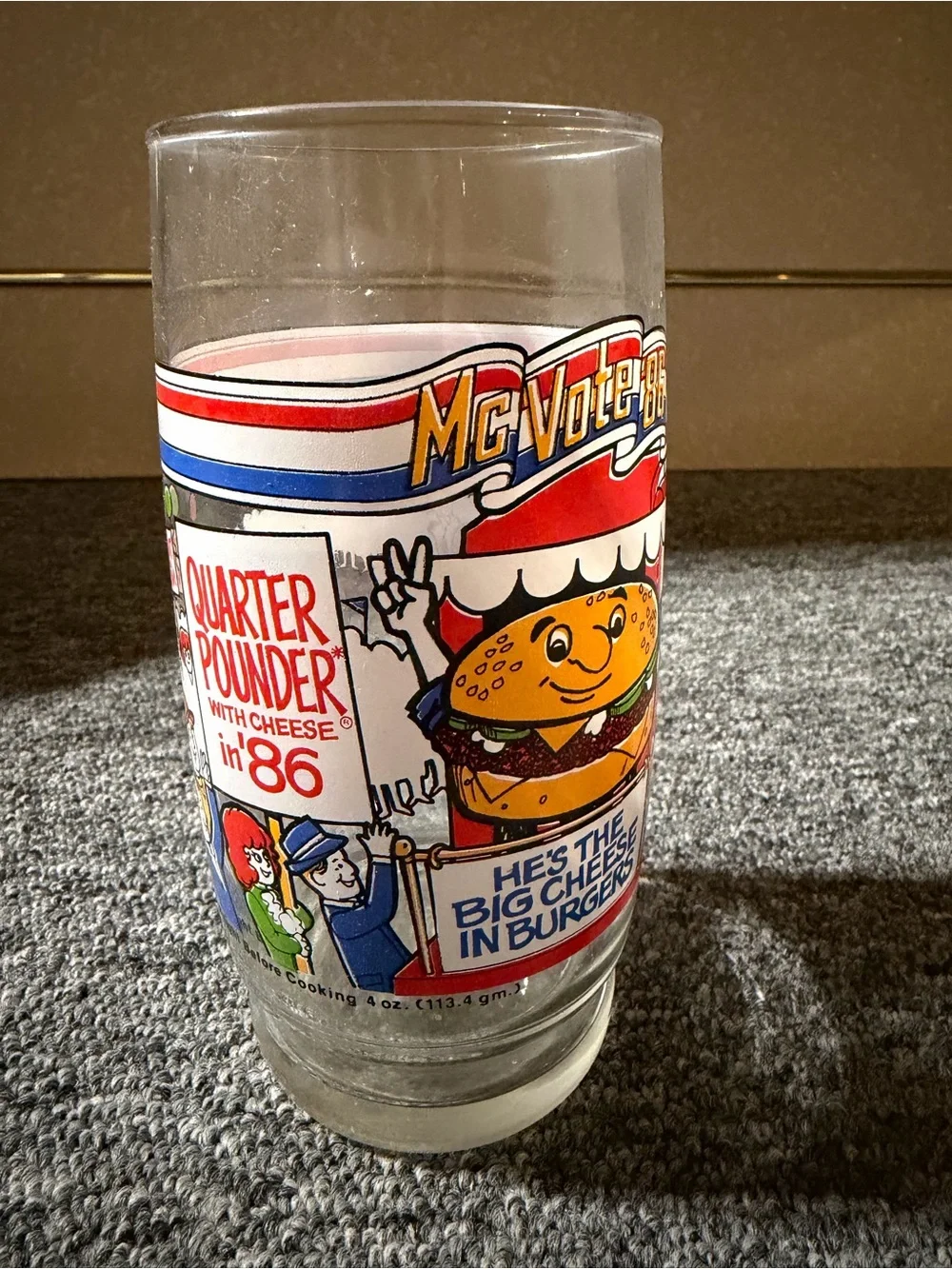 Vintage McVote '86 Promotional Burger Glass - Red white and blue